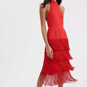 Red Solid Fringe Halter Dress Anthropologie